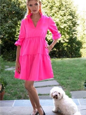 Gretchen Scott Designs Neon Pink Tiered V-Neck Dress